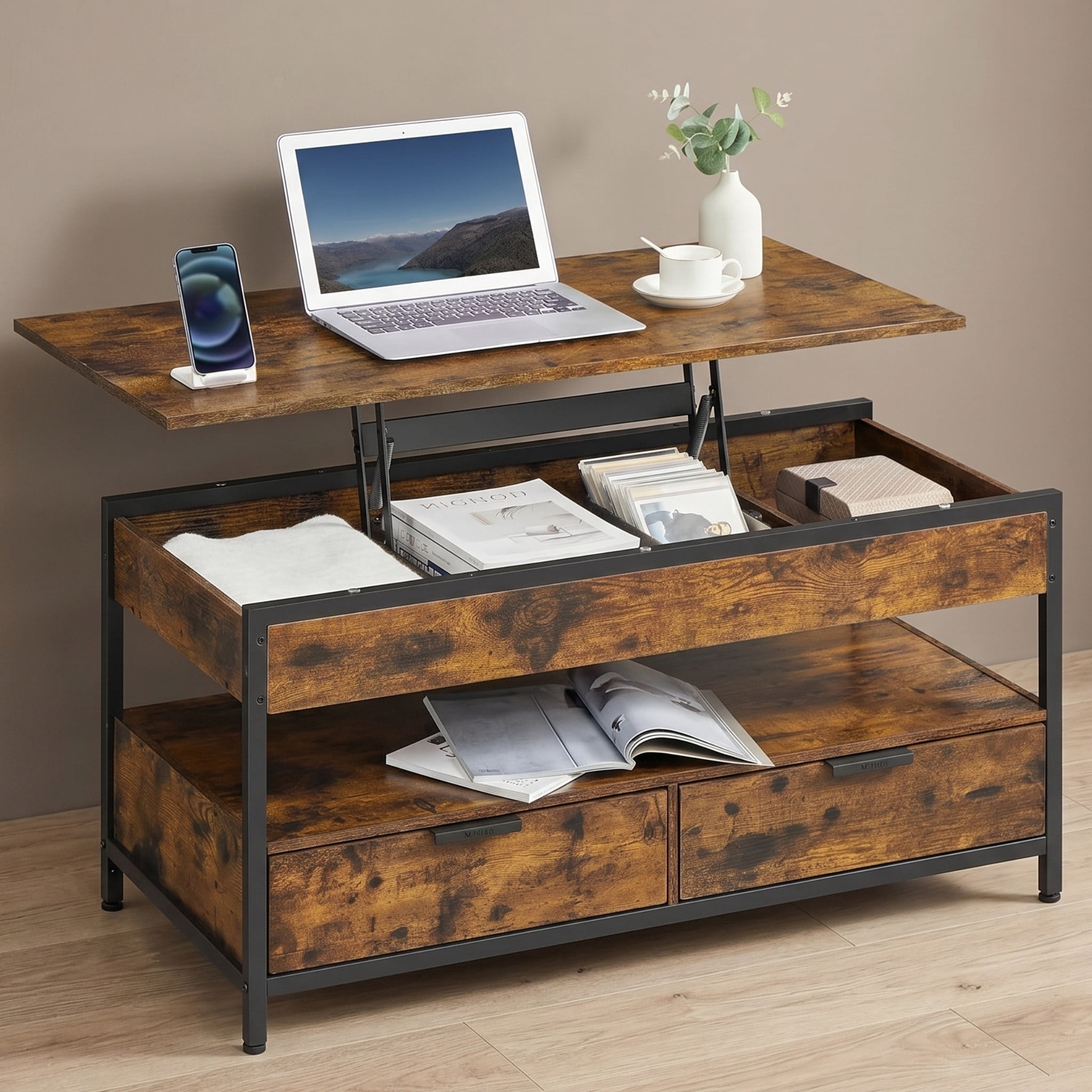 Nordic Hygge 40" Height-Adjustable Living Room Center Table with 2 Storage Drawers and Open Compartment, Vintage Brown Ink Black