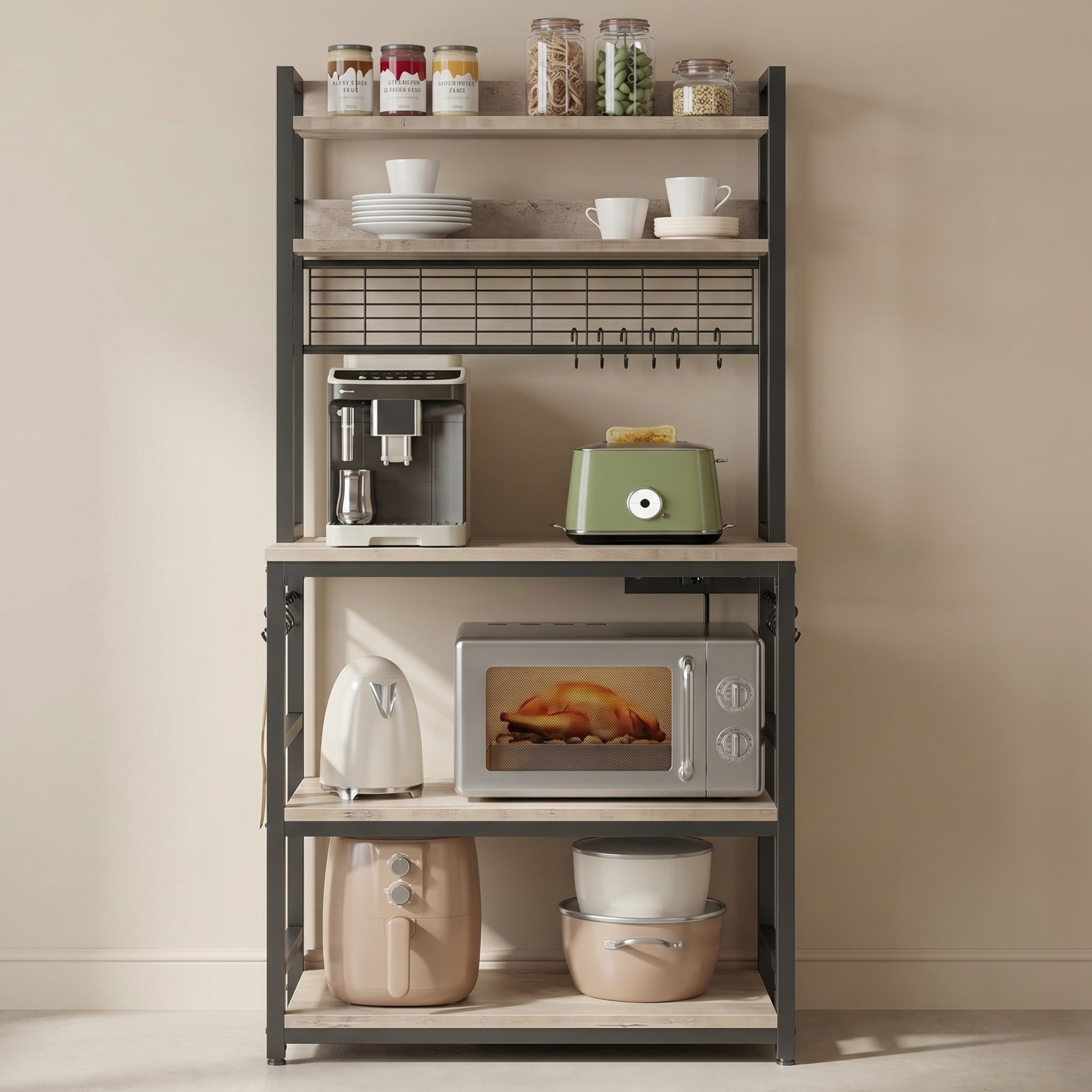 Nordic Hygge 66.9 in. Tall Bakers Rack with Power Outlet, Greige and Black