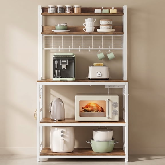 Nordic Hygge 66.9 in. Tall Bakers Rack with Power Outlet, Rustic Walnut & Cloud White
