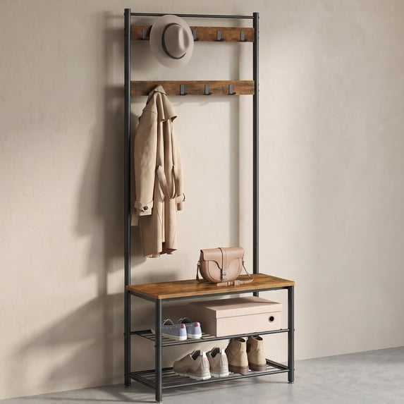 Nordic Hygge 68.9 in. Industrial Hall Tree with Shoe Storage Bench & 9 Hooks, Rustic Brown/Black