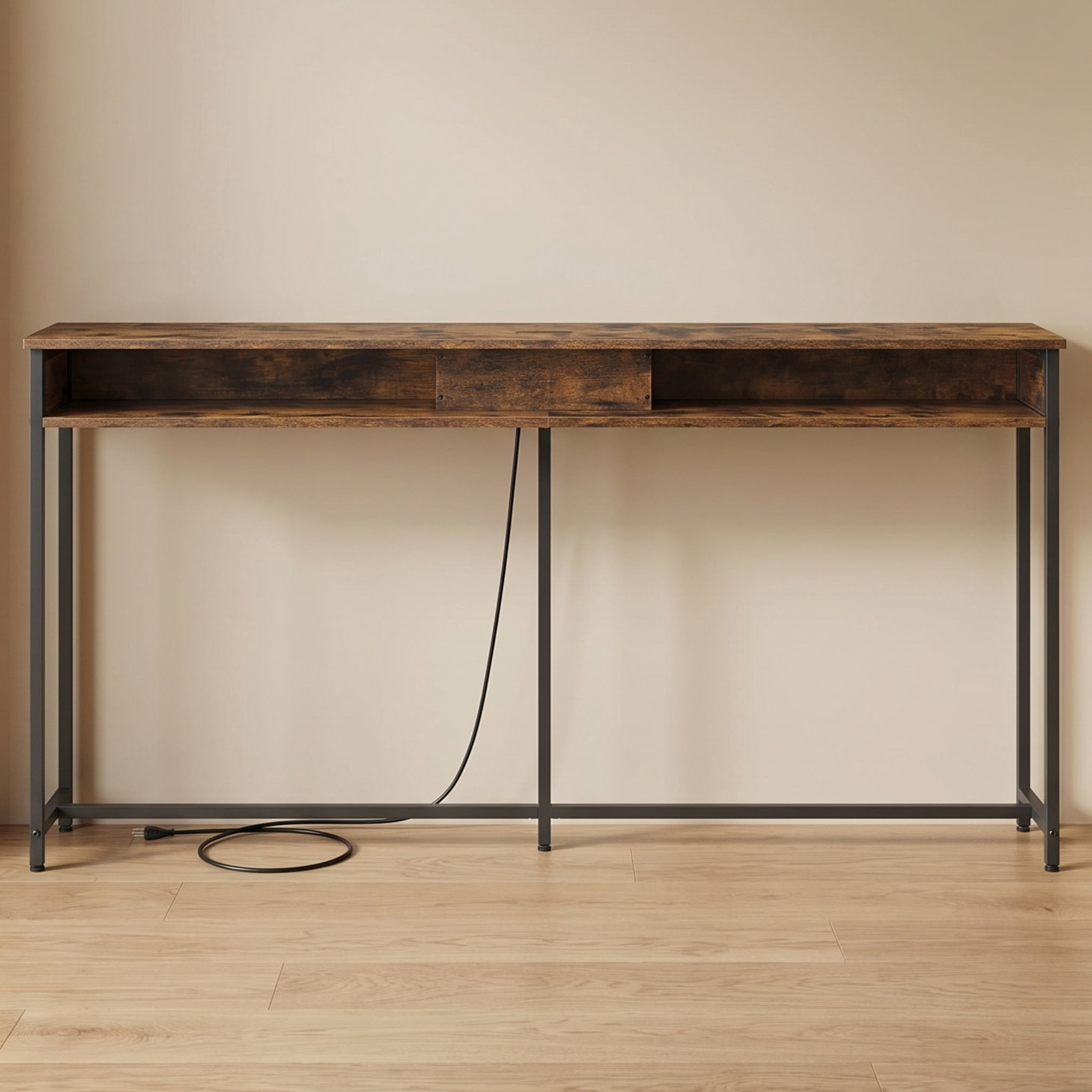 Nordic Hygge 70.9 in. Console Table with Built-In Charging Station, Brown & Ink Black