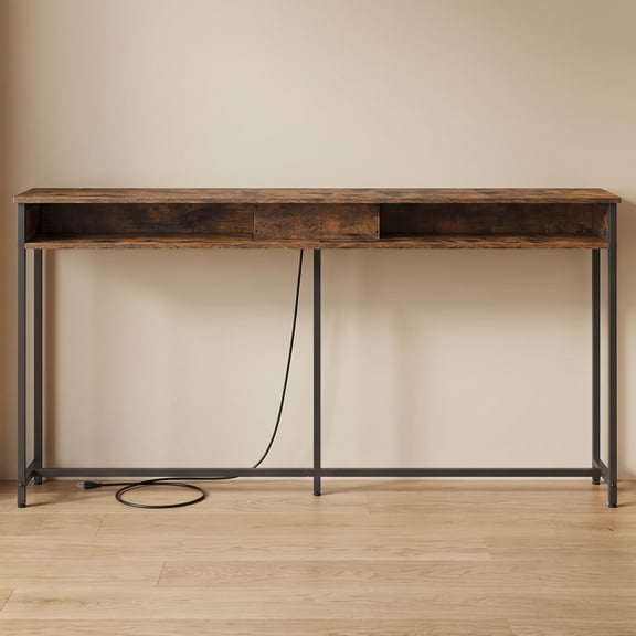 Nordic Hygge 70.9 in. Console Table with Built-In Charging Station, Brown & Ink Black