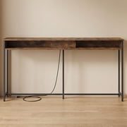 Nordic Hygge 70.9 in. Console Table with Built-In Charging Station, Brown & Ink Black
