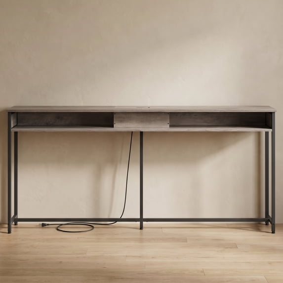 Nordic Hygge 70.9 in. Console Table with Built-In Charging Station, Heather Greige & Ink Black