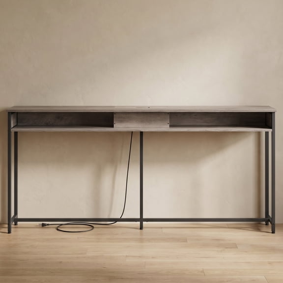 Nordic Hygge 70.9 in. Console Table with Built-In Charging Station, Heather Greige & Ink Black