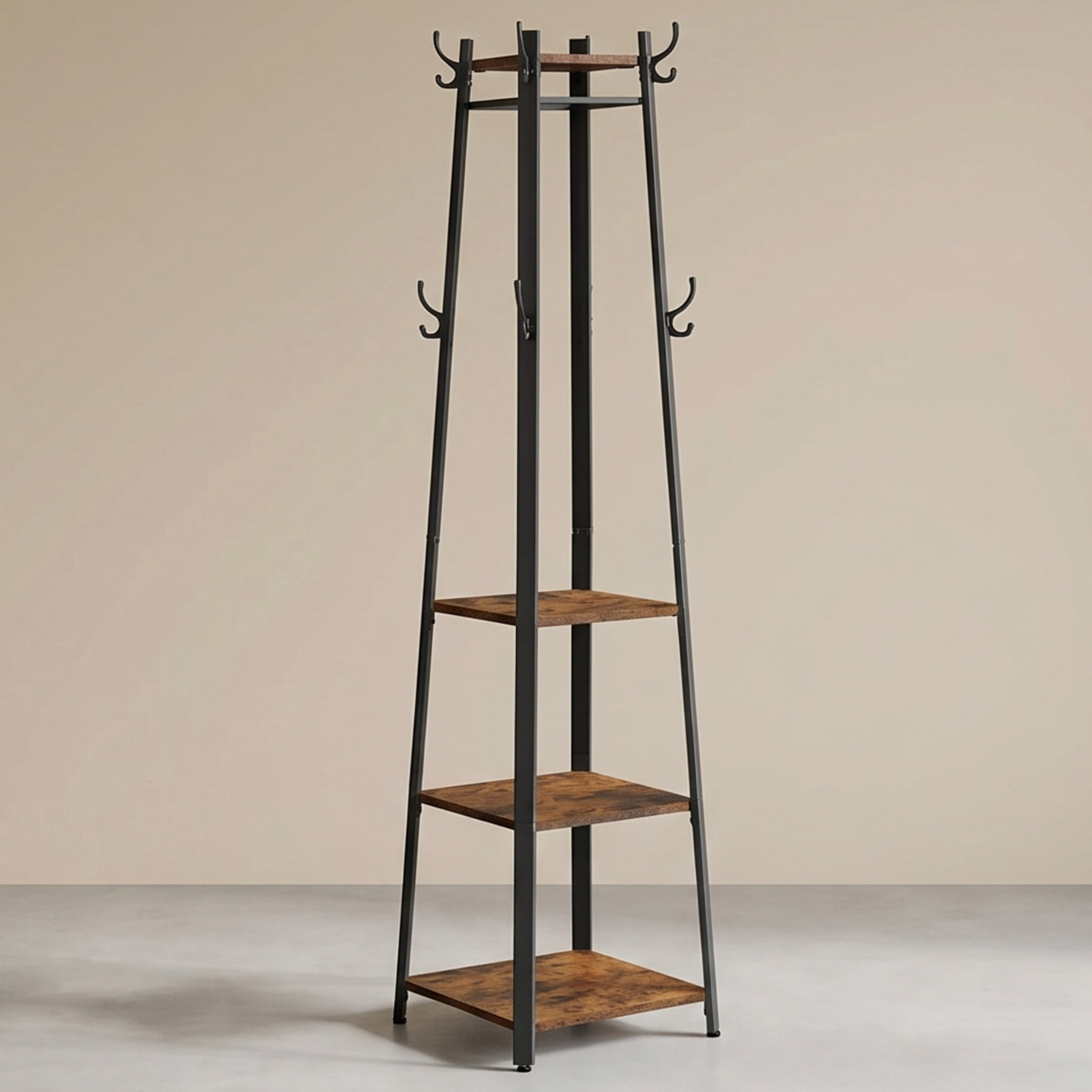 Nordic Hygge 71.5 in. Industrial Coat Rack with 8 Hooks and 3-Tier Storage Shelves, Rustic Brown and Black