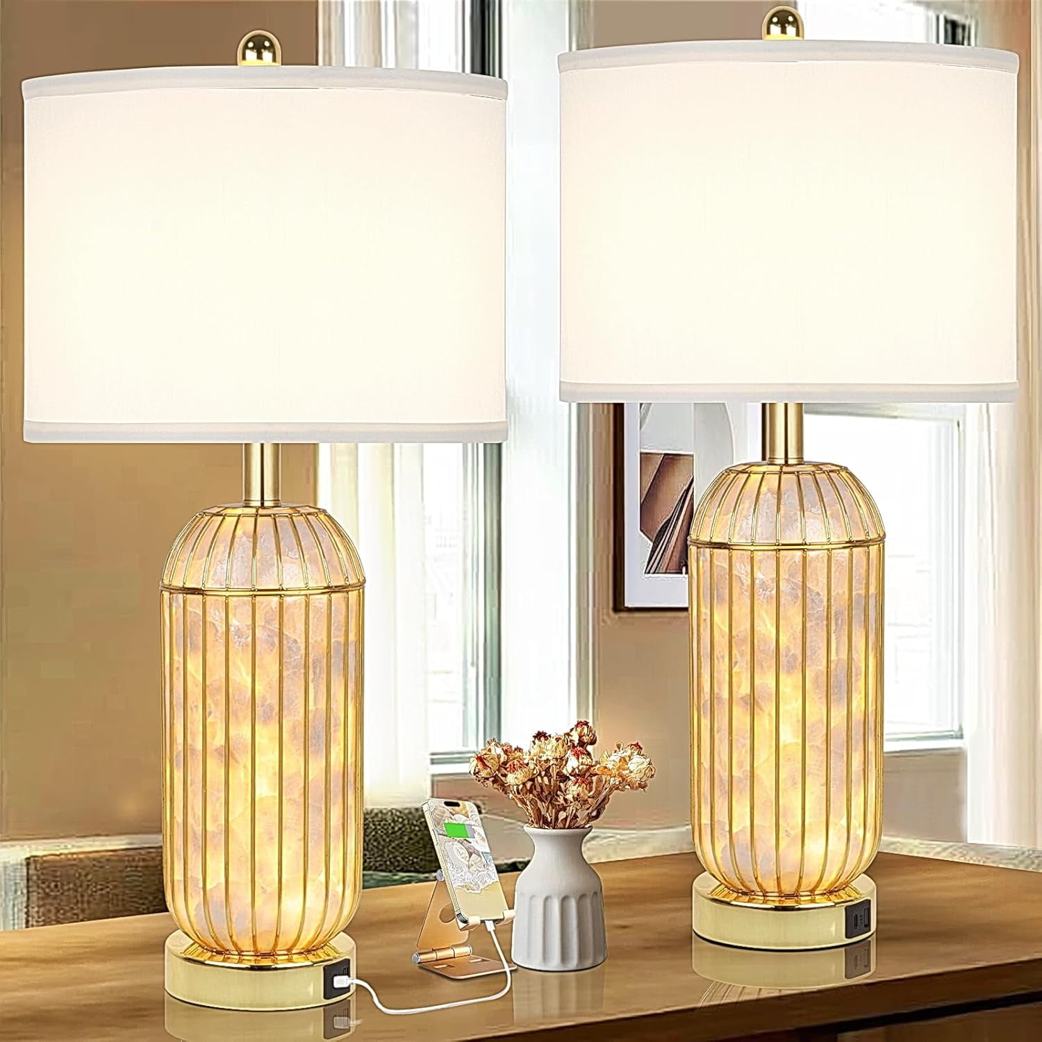 Nordic Hygge Gold Table Lamps Set of 2, Capiz Shell