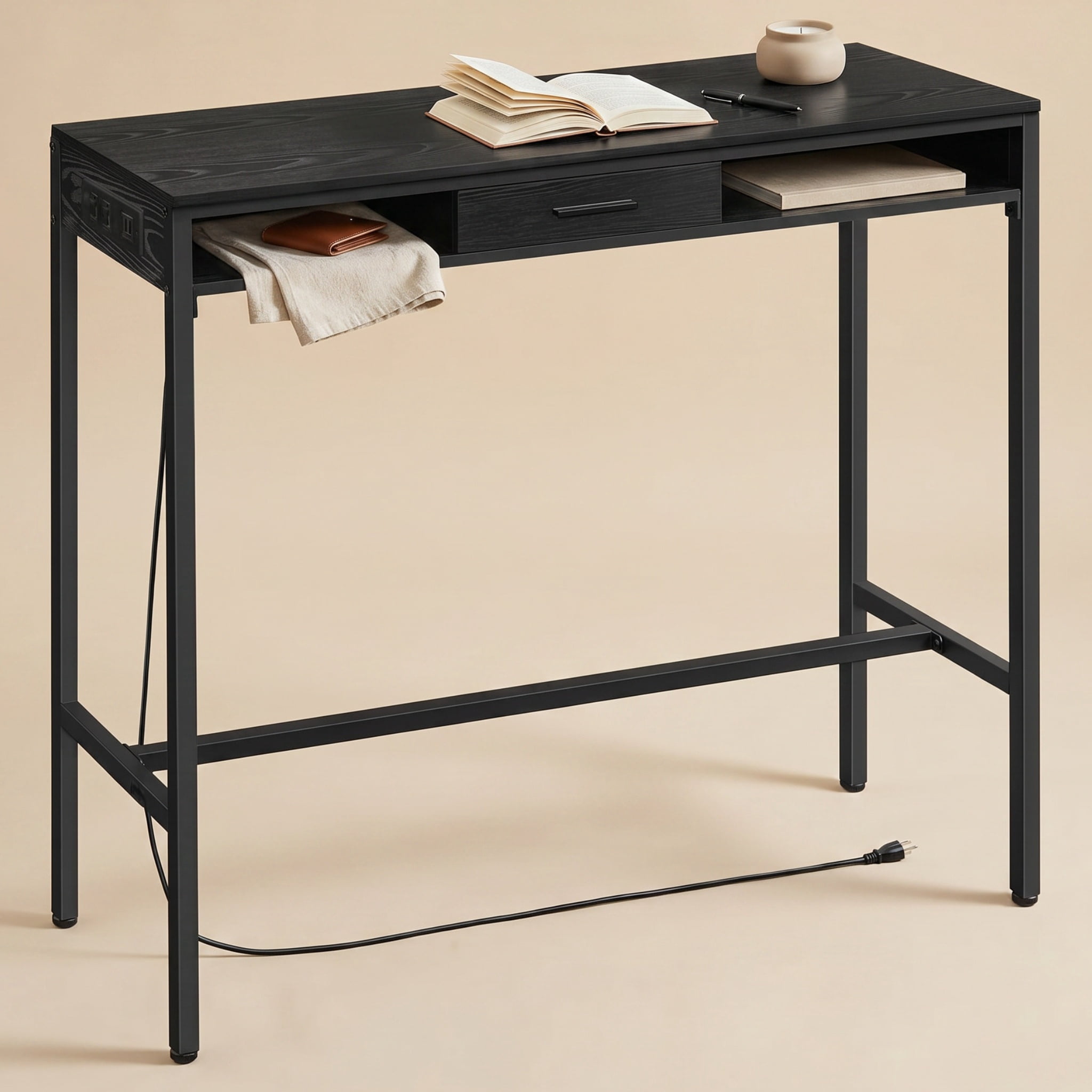 Nordic Hygge Bar Height Pub Table with Storage and Built-In Power Strip, Fabric Drawer, and Side Hooks