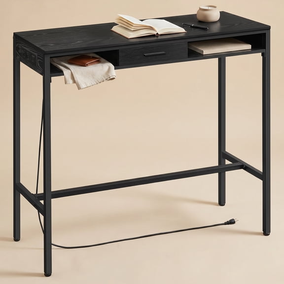 Nordic Hygge Bar Height Pub Table with Storage and Built-In Power Strip, Fabric Drawer, and Side Hooks