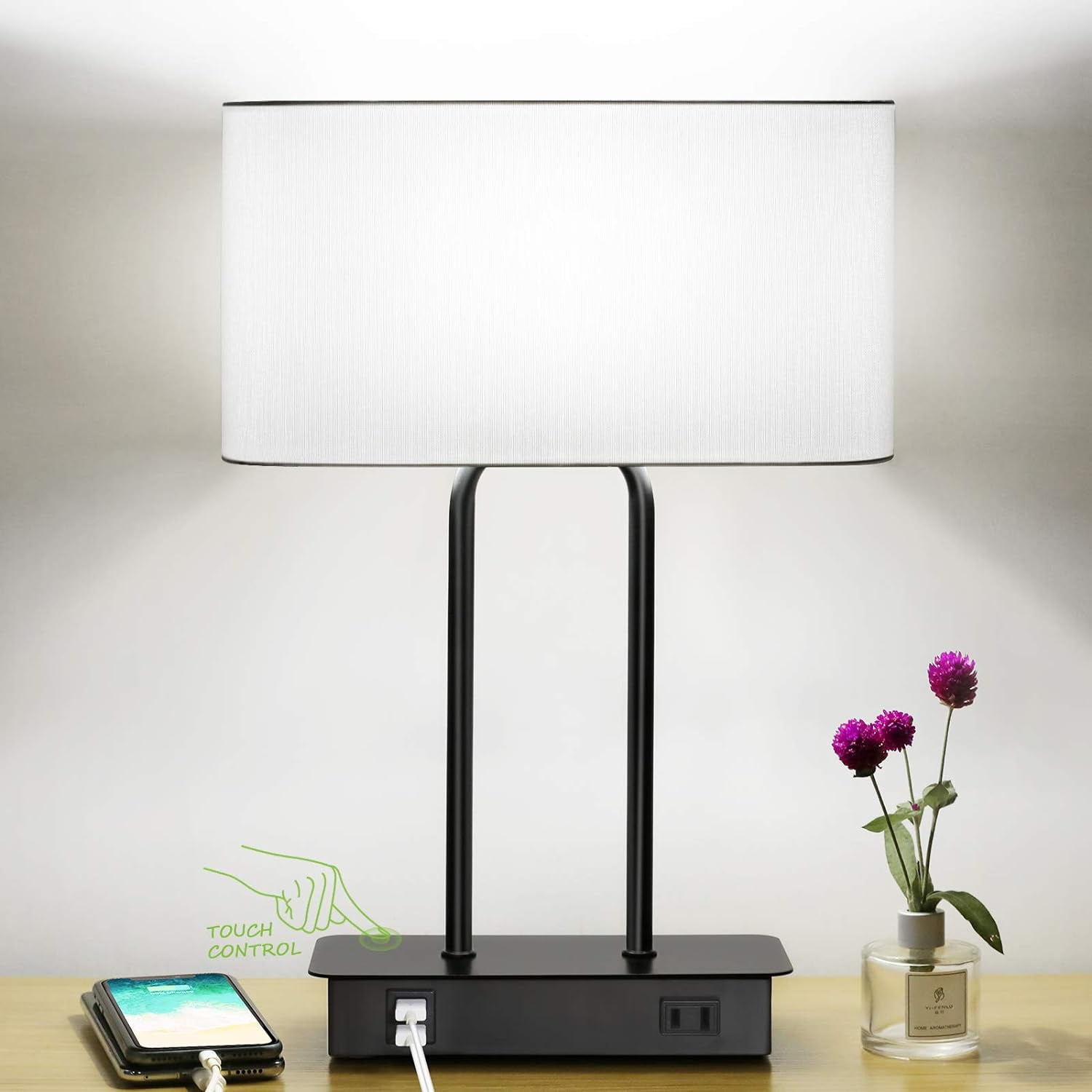 Nordic Hygge Bedside Touch Control Table Lamp with Dual USB Charging Ports 1 AC Outlet, 3 Way Dimmable Modern Nightstand Lamp