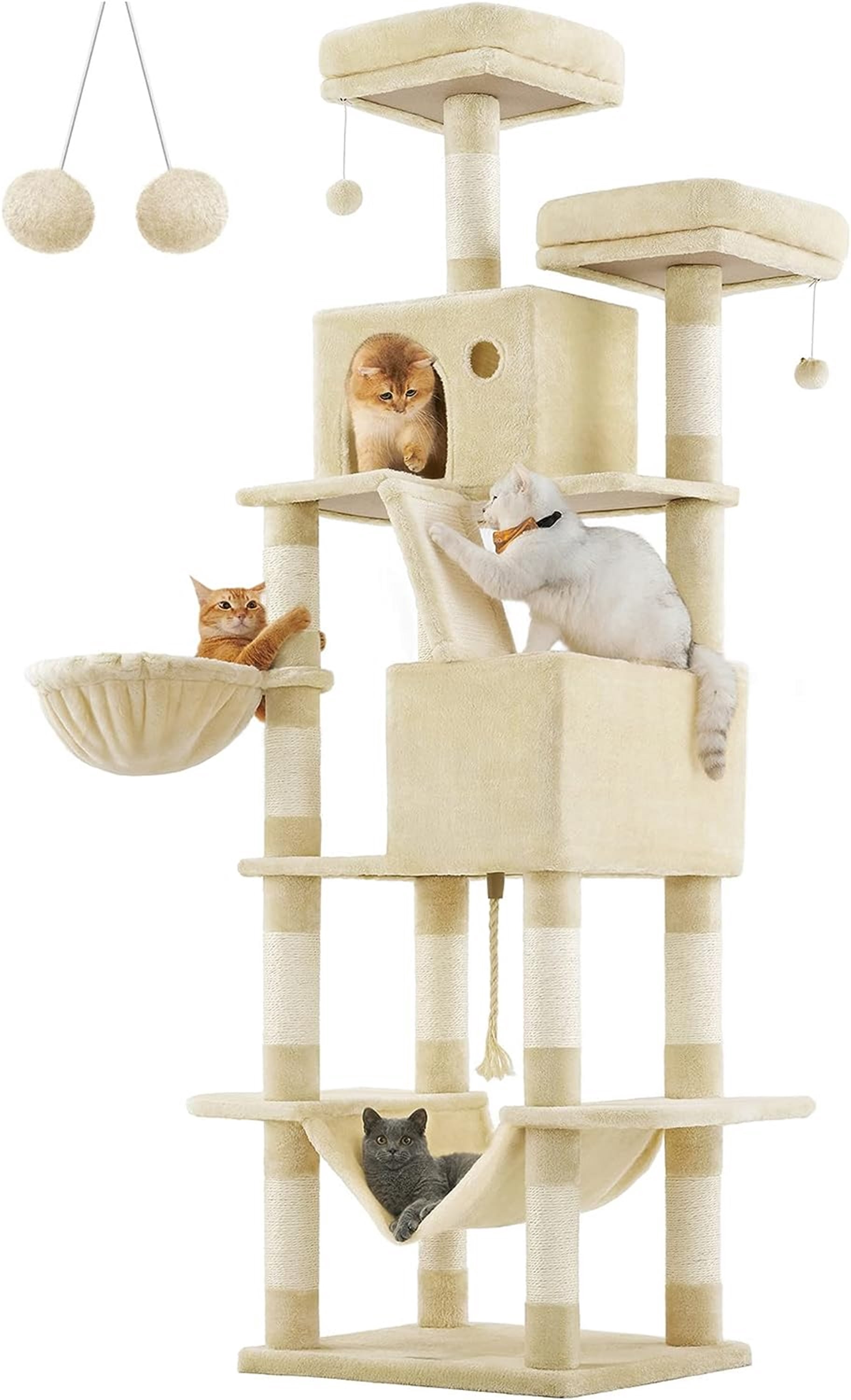 Nordic Hygge Cat Tree, 81.1-Inch Large Cat Tower with 13 Scratching Posts, 2 Perches, 2 Caves, Basket, Hammock, Pompoms, Multi-Level Plush Cat Condo for Indoor Cats, Beige
