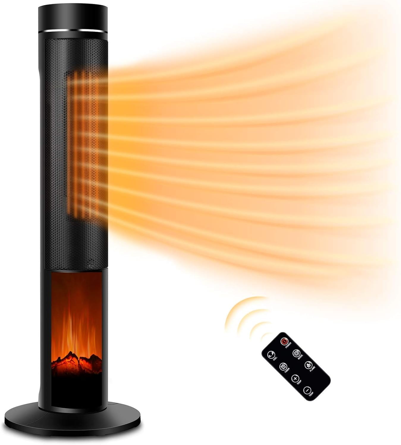 Nordic Hygge Ceramic Tower Space Heater, 3D Realistic Flame, Oscillating and Remote Control