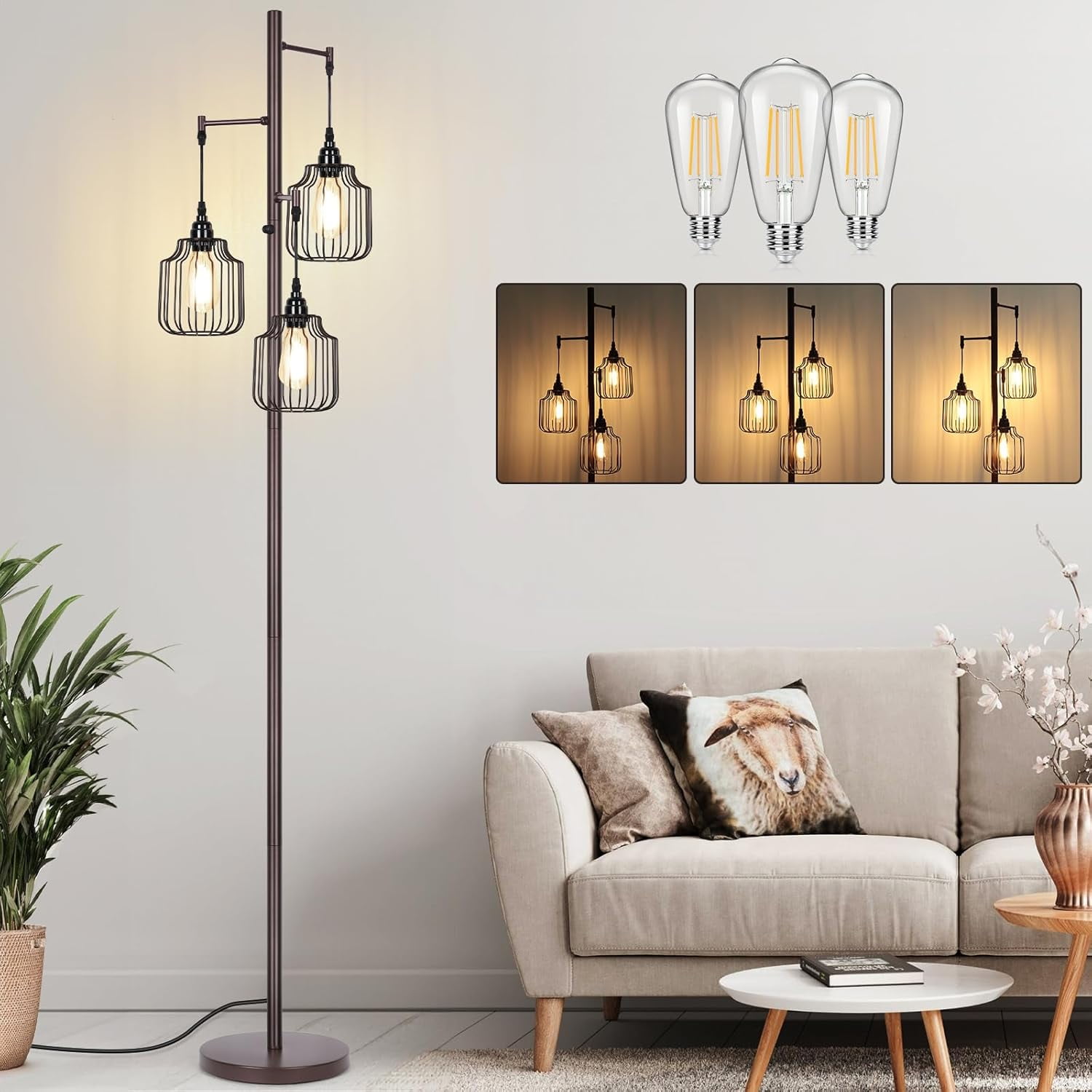 Nordic Hygge Dimmable Industrial Floor Lamp with 3 LED Edsion Bulbs, Brown