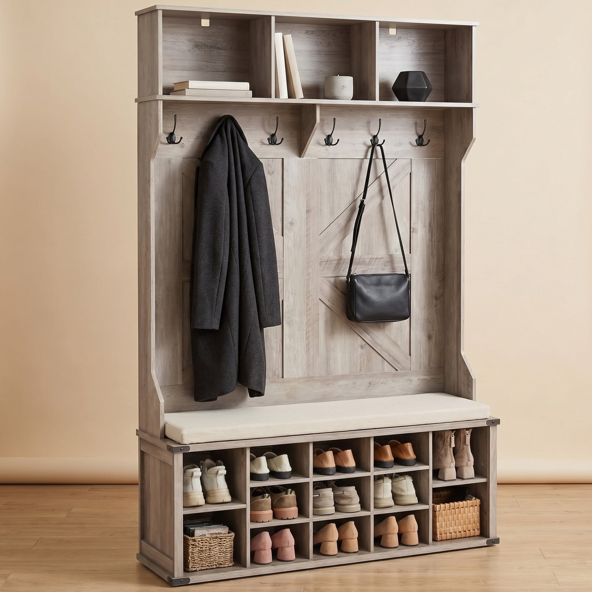Nordic Hygge Farmhouse Hall Tree with 16-Compartment Shoe Storage & Bench, Heather Greige