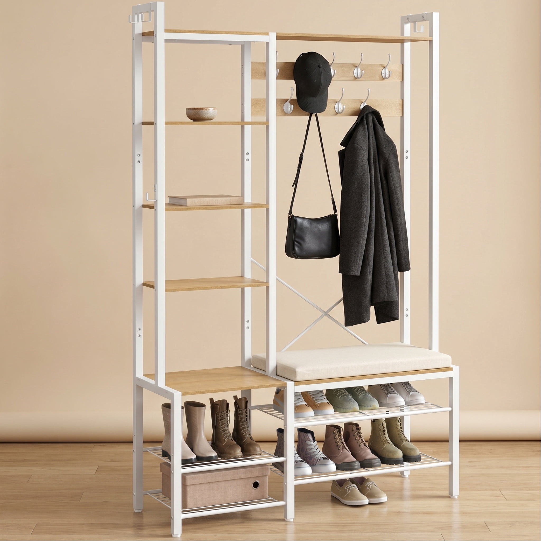Nordic Hygge L-Shaped Corner Hall Tree with Bench & 5 Side Shelves, Golden Oak & Cloud White