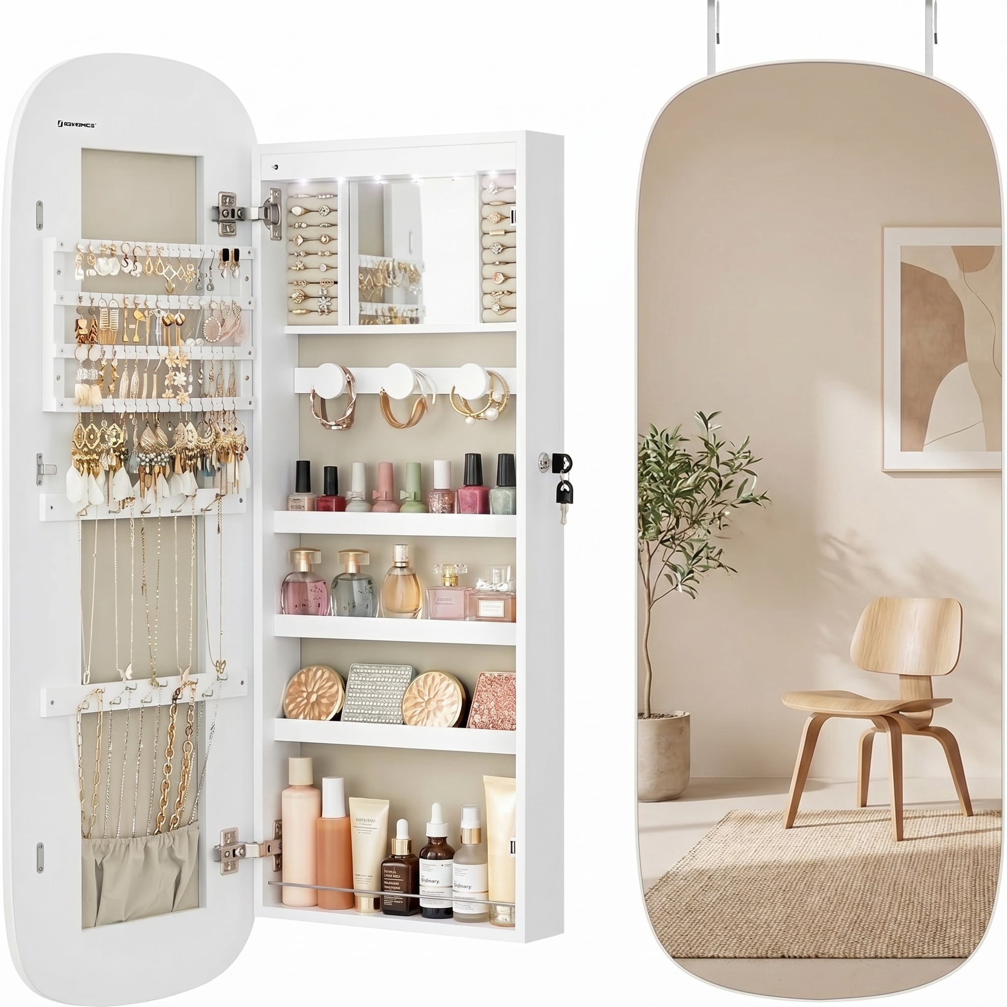 Nordic Hygge LED Wall/Door Mounted Jewelry Cabinet with Lockable Rounded Mirror  White & Greige