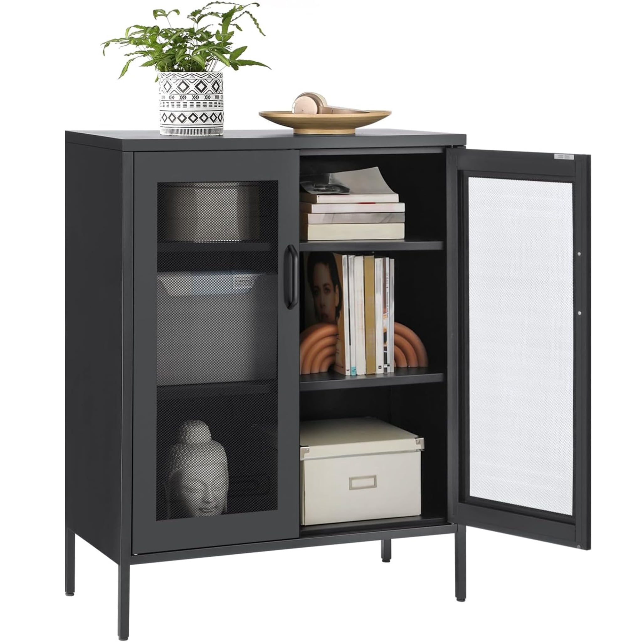 Nordic Hygge Metal Storage Cabinet with Mesh Doors and Adjustable Shelves for Home Office, Bathroom, and Living Room, Black