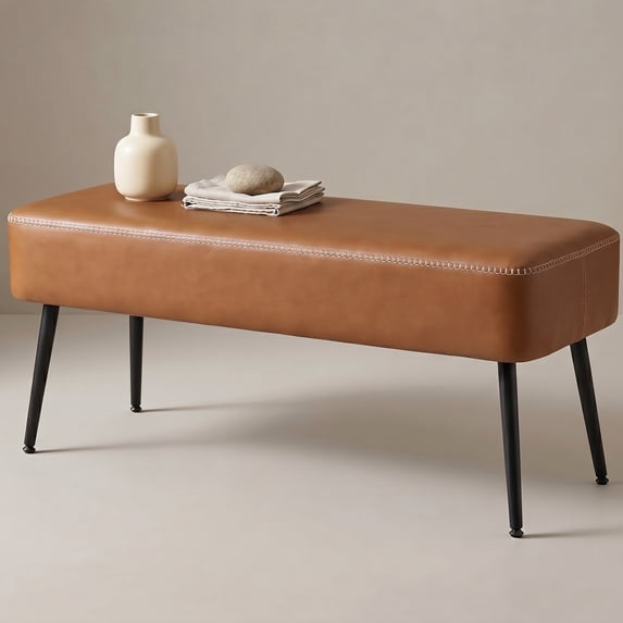 Nordic Hygge Mid-Century Modern Entryway Bench, Caramel Brown