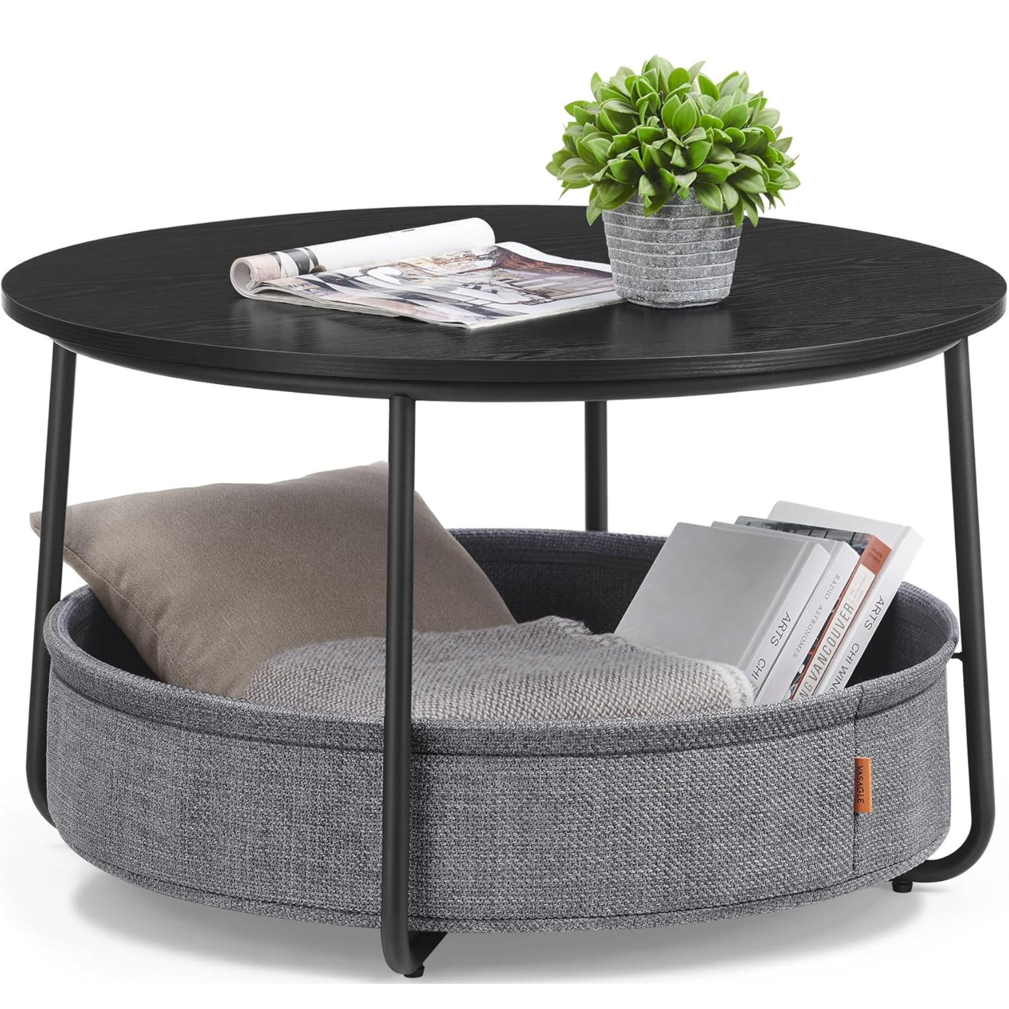 Nordic Hygge Modern Ebony Black Round Coffee Table with Slate Gray Fabric Storage Basket