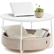 Nordic Hygge Modern Matte White Round Coffee Table with Camel Brown Fabric Storage Basket