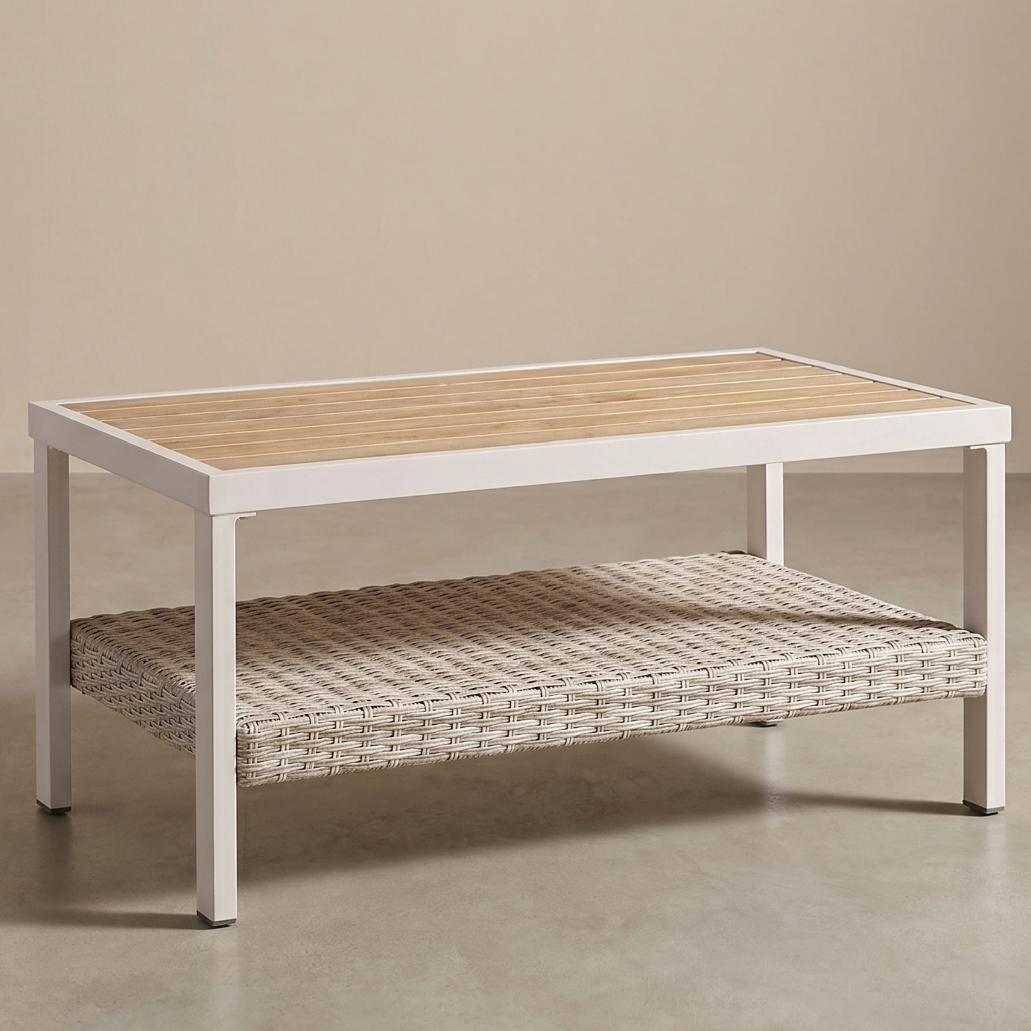 Nordic Hygge Modern Minimalist Patio Table with Integrated Storage Shelf – Weather-Resistant Powder-Coated Finish – Bone