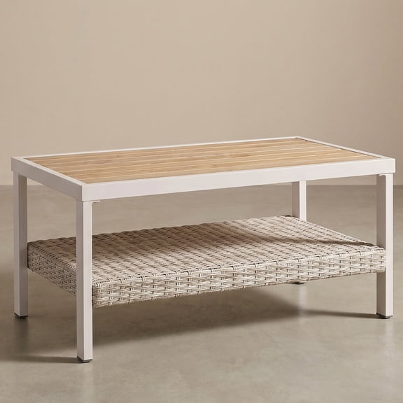 Nordic Hygge Modern Minimalist Patio Table with Integrated Storage Shelf  Weather-Resistant Powder-Coated Finish  Bone