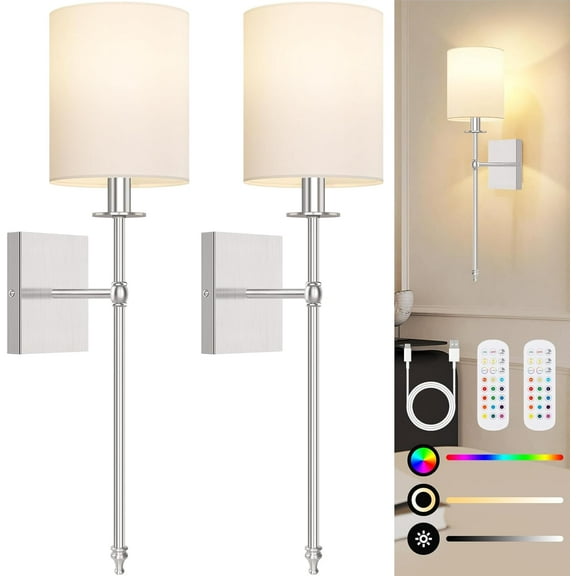 Nordic Hygge 27 Inch Battery Operated Wall Sconces Set of 2 with Remote, Cordless Wall Lamps with Dimmable Detachable Bulbs for Bedroom