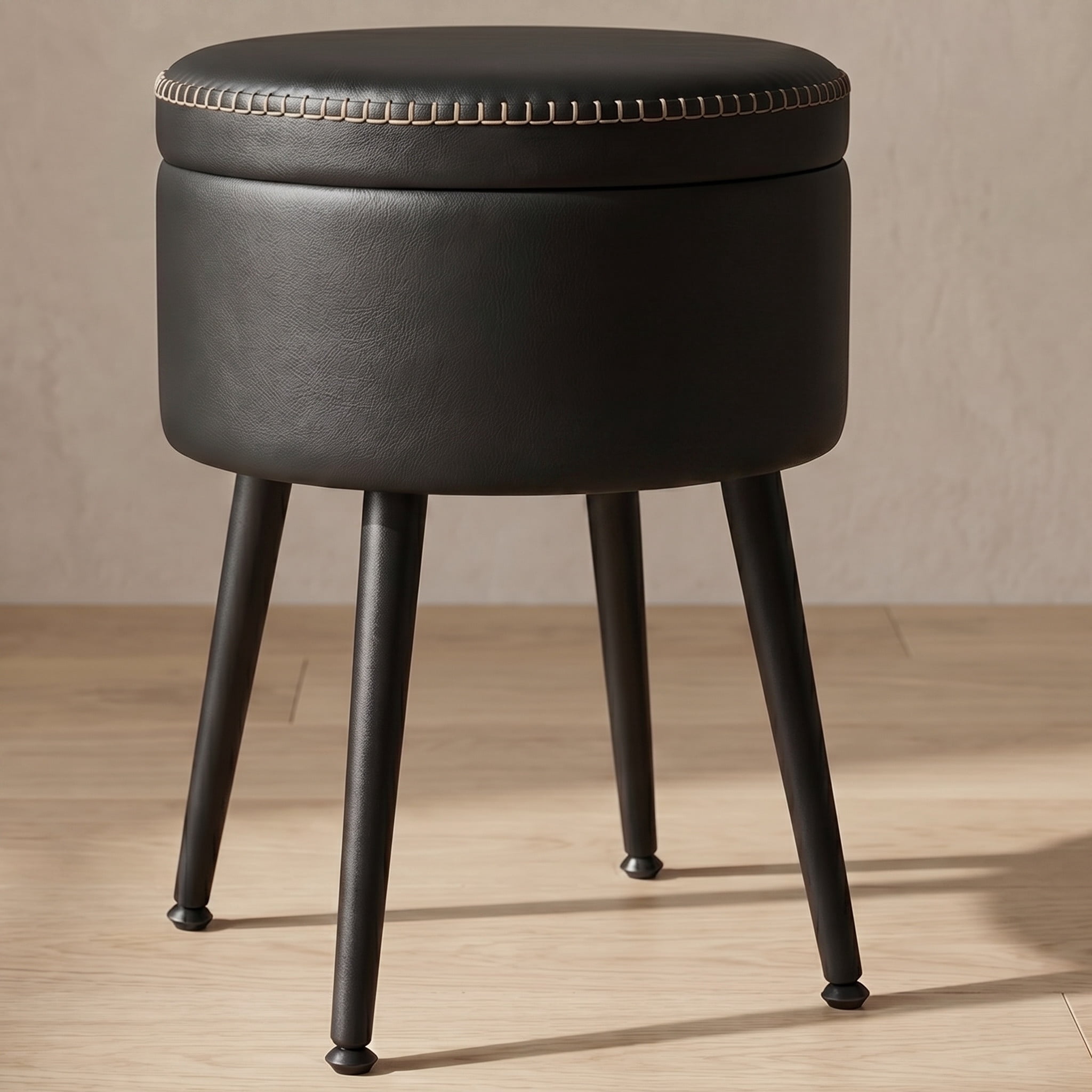 Nordic Hygge Round Storage Vanity Stool, Ink Black on Ink Black