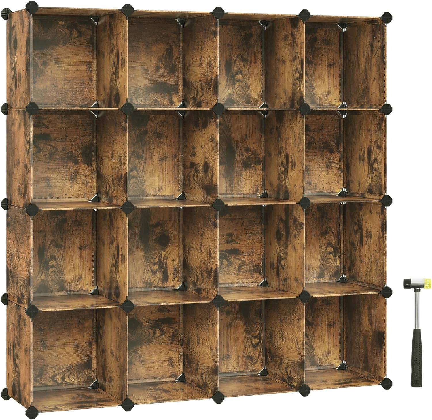 Nordic Hygge Set of 16 Plastic Cubes, Book Shelf, Closet Organizers and Storage, 12.2 x 48.4 x 48.4 Inches, Rustic Brown