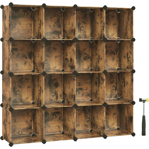 Nordic Hygge Set of 16 Plastic Cubes, Book Shelf, Closet Organizers and Storage, 12.2 x 48.4 x 48.4 Inches, Rustic Brown
