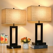 Nordic Hygge Set of 2 Touch Control Dimmable Table Lamp with 2 USB Ports, Cream Shade