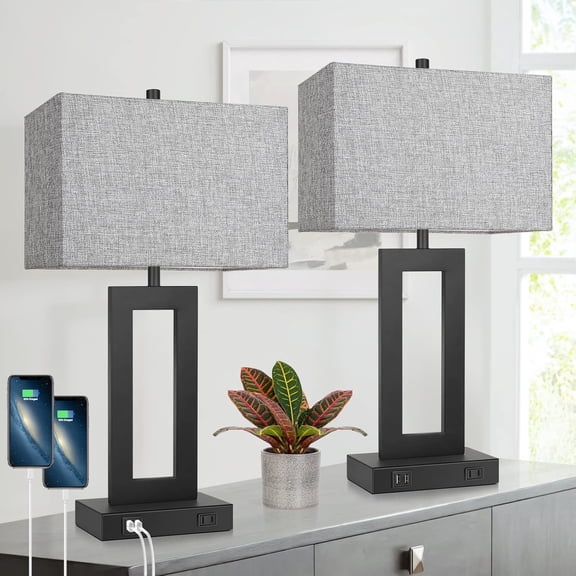 Nordic Hygge Set of 2 Touch Control Dimmable Table Lamp with 2 USB Ports, Grey Shade