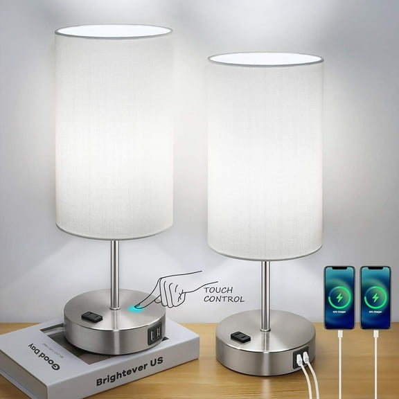 Nordic Hygge Set of 2 Touch Control Dimmable Table Lamps with 2 USB Charging Ports&AC Outlet