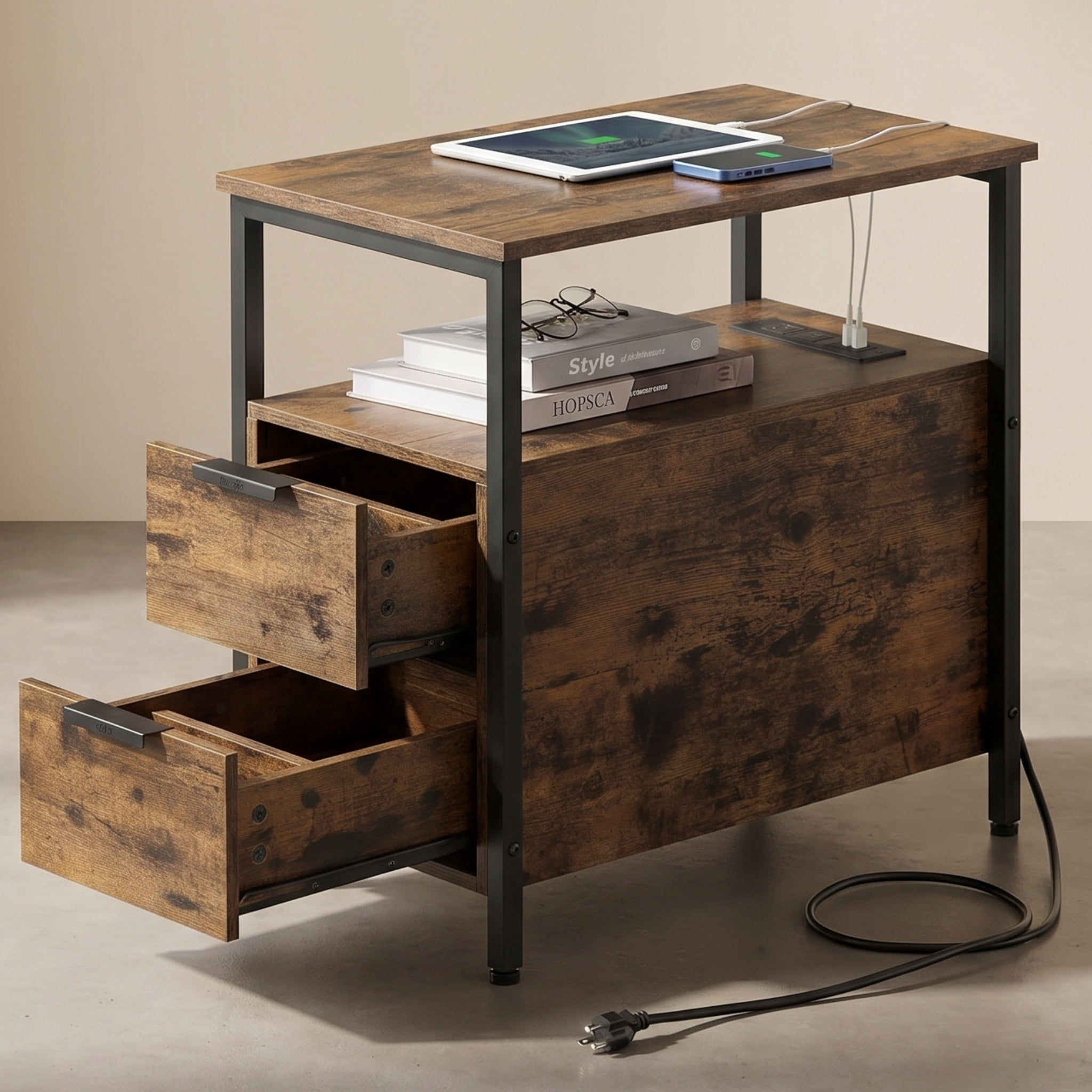 Nordic Hygge Slim Side Table with Charging Station and 2 Storage Drawers, Rustic Brown/Ink Black