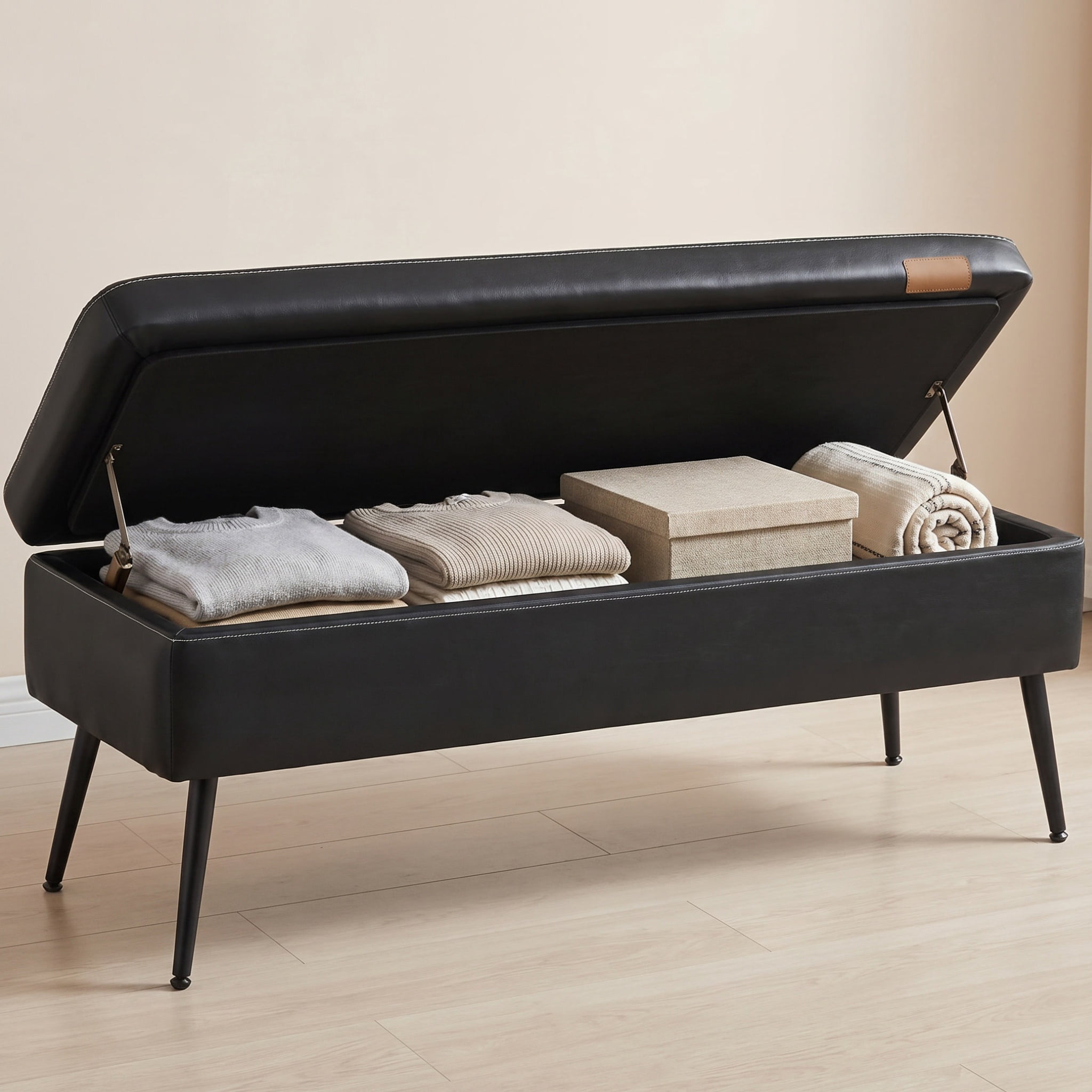 Nordic Hygge Storage Ottoman Bench, Ink Black
