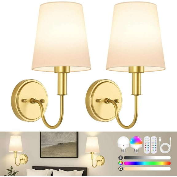 Nordic Hygge Wireless Rechargeable Wall Sconce, Gold, 2 Pack