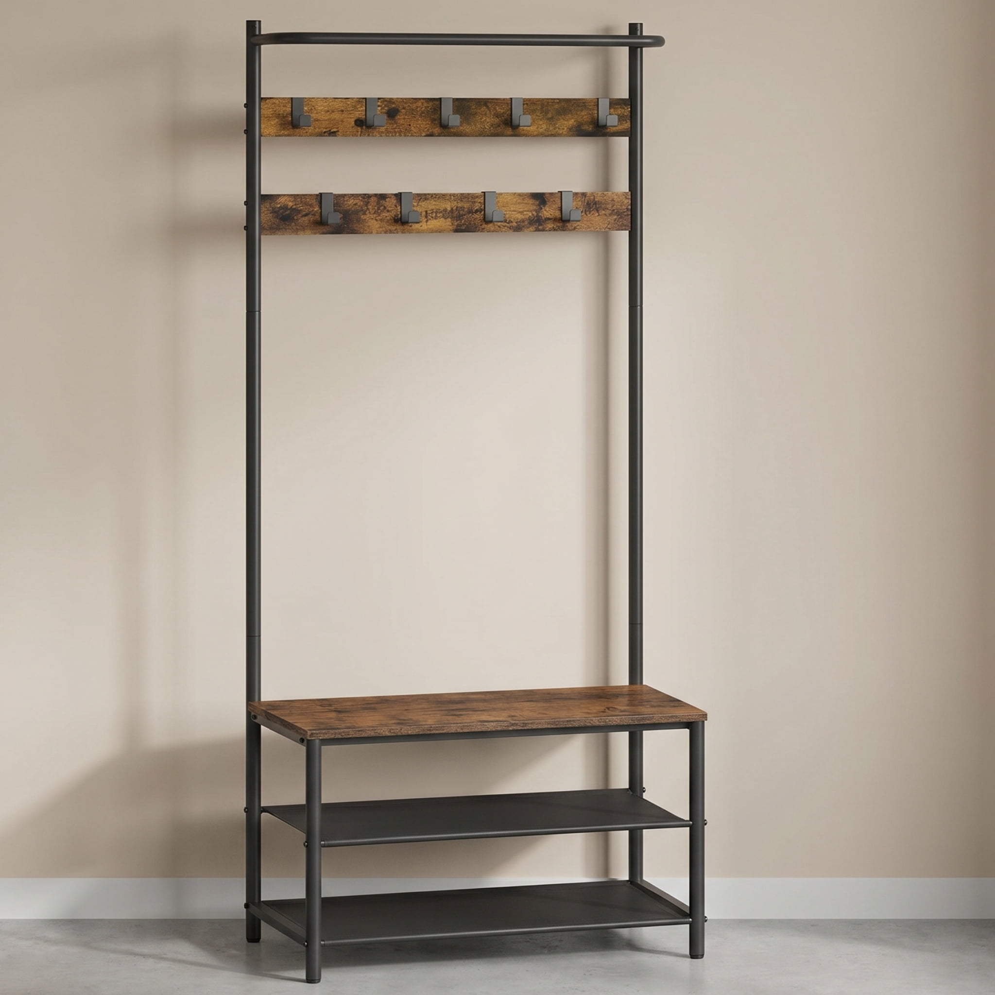 Nordic Hygge3-in-1 Industrial Hall Tree with Shoe Storage Bench, Rustic Walnut & Black