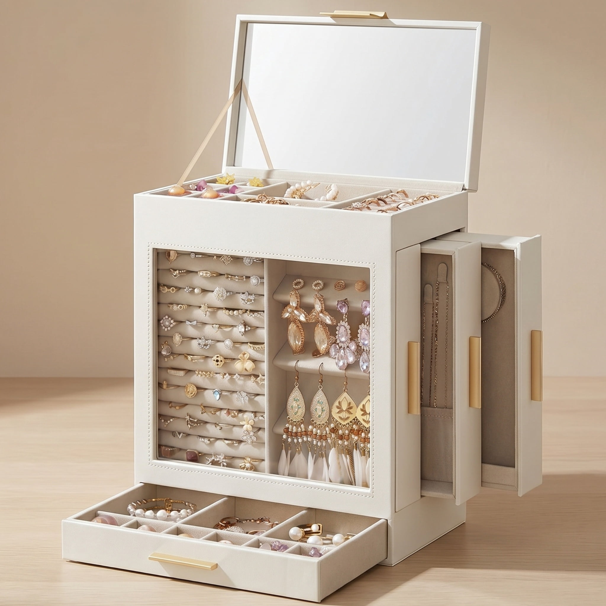 Nordic Hygge5-Layer Modern Jewelry Box with Glass Window & Side Drawers, Cloud White & Gold
