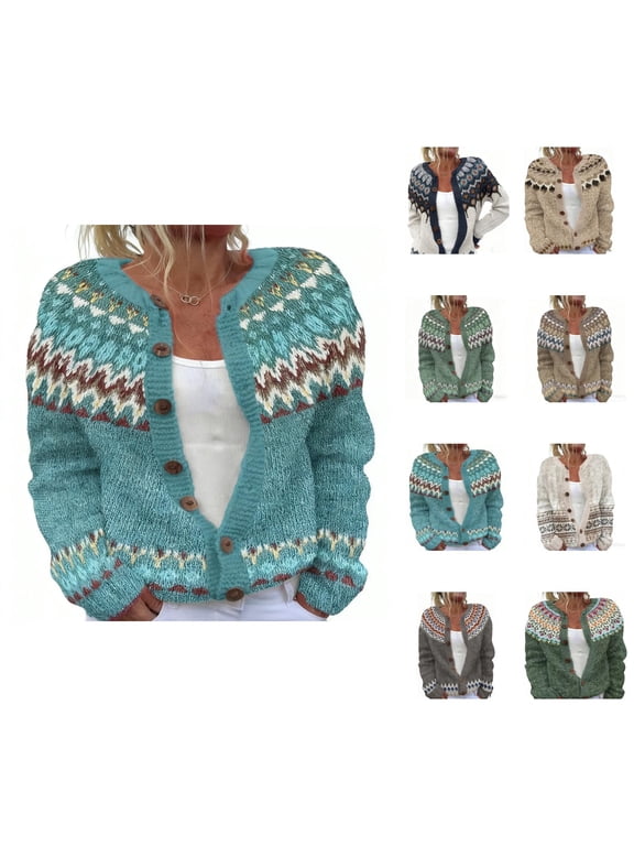 Nordic Icelandic Fair Isle Sweater Women Fall Winter Long Sleeve Casual Knitted Button Down Cardigan Sweaters