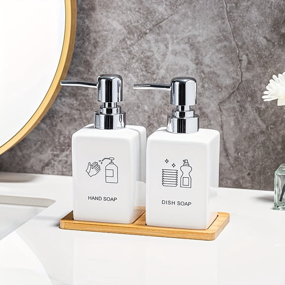 Nordic Ins Style Bright Ceramic Lotion Dispenser Set - 2-Piece White Hand/Dish Soap Bottle with Bamboo Tray, ABS Pump Head, Sealed Non-Slip Bathroom Organizer