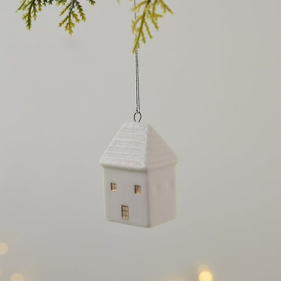 Nordic Inspired Ceramic Mini House Christmas Ornament, White Christmas Tree Decoration Pendant, Small Holiday Gift for Family, for Tree Branches and Home Decor