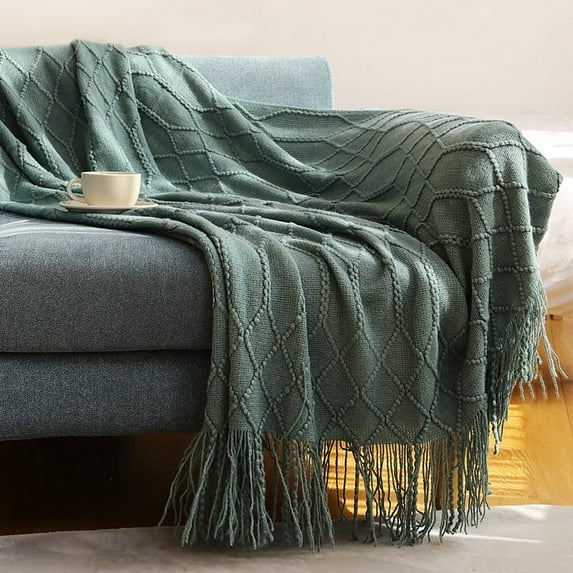 Nordic Knitted Throw Blankets with Tassels Khaki Cream Grey Vintage Blankets Luxury Bed Sofa Couch Oversized Bedspread Cover (CL lake green,127x180cm)