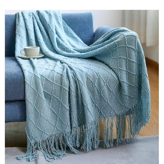 Nordic Knitted Throw Blankets with Tassels Khaki Cream Grey Vintage Blankets Luxury Bed Sofa Couch Oversized Bedspread Cover (diamond light blue,127x180cm)