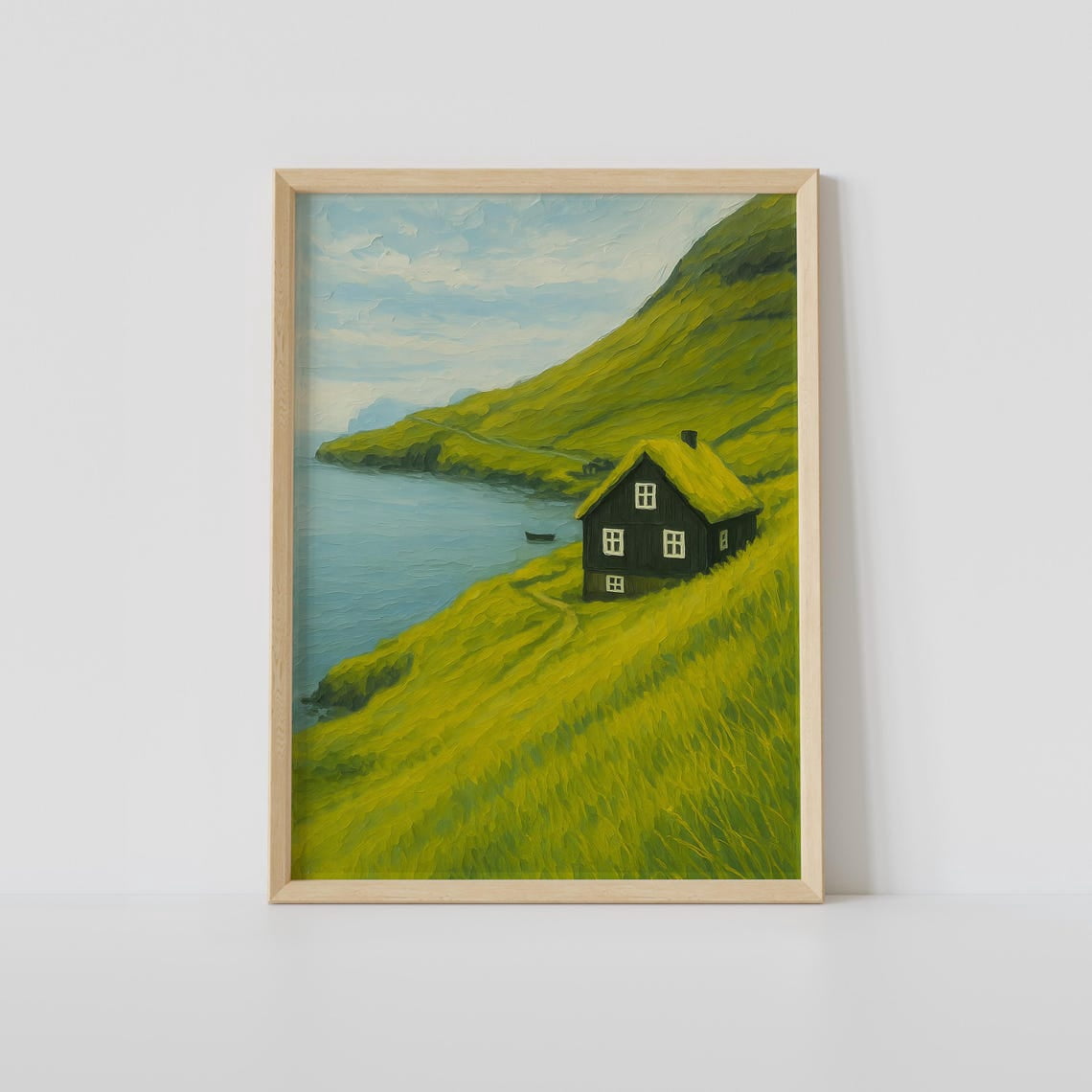 Fresh Look at Nordic Landscape Green Hillside Cottage Scandinavian Art Unframed