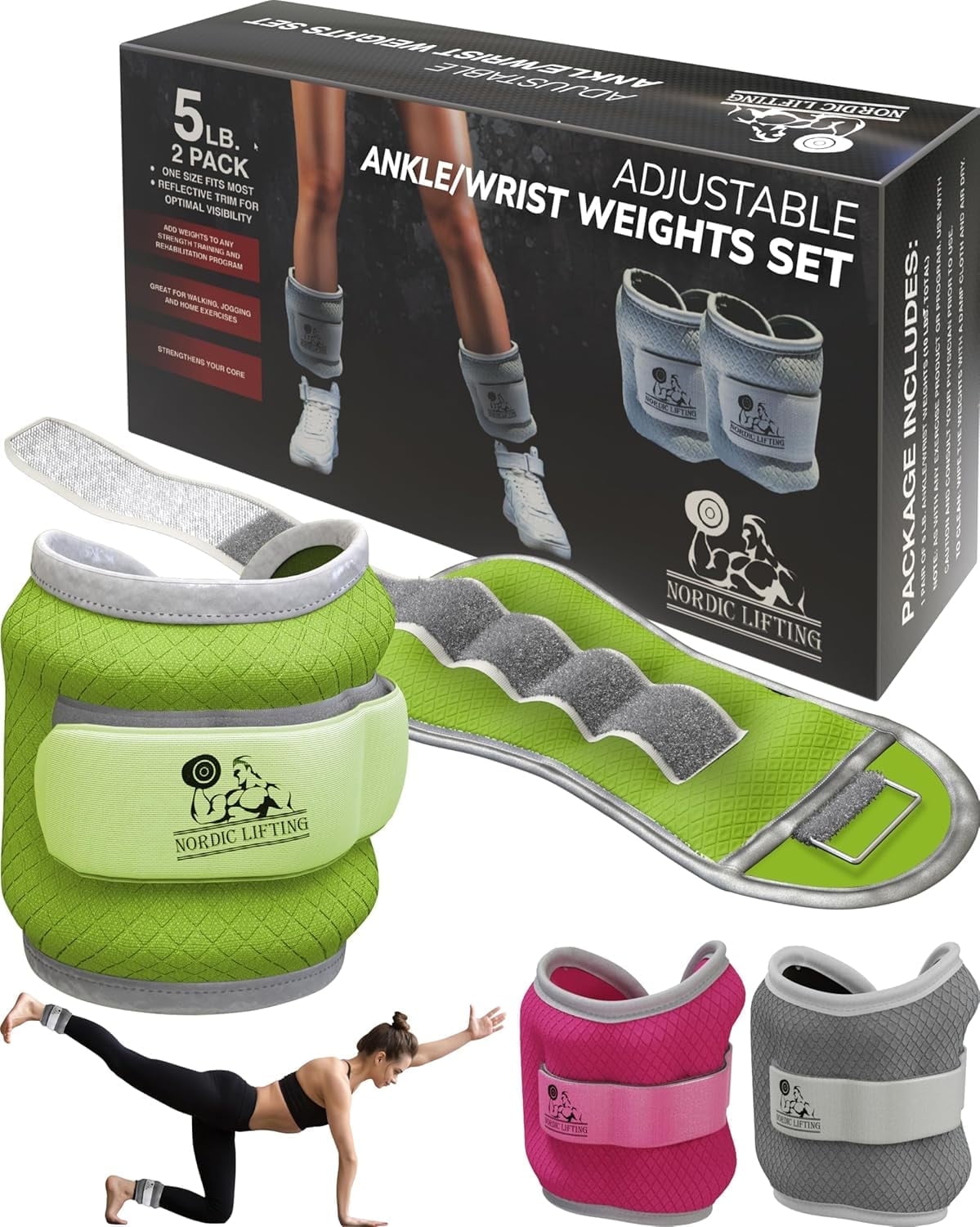 Nordic Lifting Adjustable Ankle/Wrist Weights (1 Pair) – For Women, Men & Kids - Green, 5lbs