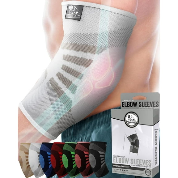 Nordic Lifting Elbow Brace for Tendonitis, Arthritis, Weightlifting, Golf, White, Extra Large, 1 Pair