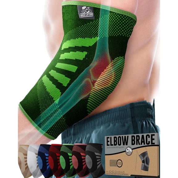 Nordic Lifting Elbow Brace, Elbow Sleeve for Men & Women, Tennis Elbow Brace for Tendonitis, Arthritis, Weightlifting, Golf, 1 Pair, Green M