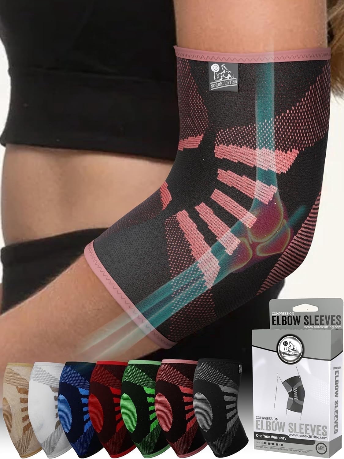 Nordic Lifting Elbow Brace, Elbow Sleeve for Men & Women, Tennis Elbow Brace for Tendonitis, Arthritis, Weightlifting, Golf, 1 Pair, Pink, Large