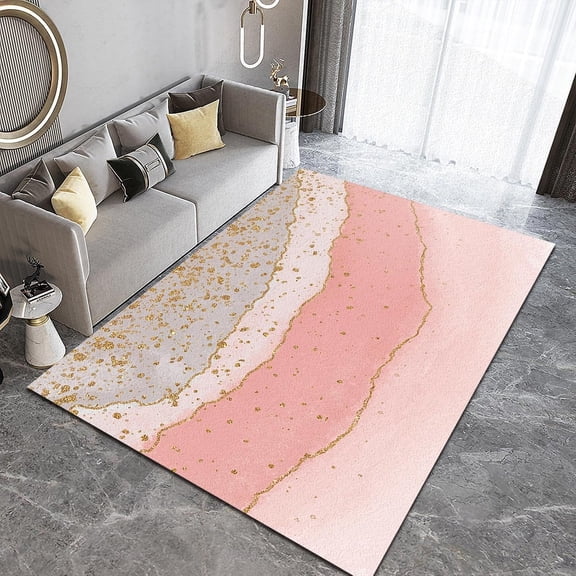 Nordic Light Luxury Abstract Golden Lines Art Area Rug, Modern Pink Gradient Gilt Marble Rug, Easy Clean Washable Non-Slip Low Pile Carpet For Living Room Bedroom Entryway Hallway 3x4ft