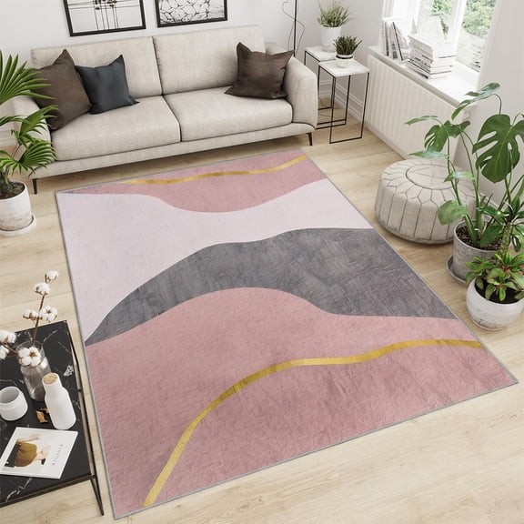 Nordic Light Luxury Art Area Rug, Minimalist Pink Gray Gold Geometry Rugs for Living Room, Machine Washable Carpet for Room Sofa Living Room Mat Bedroom Decor Floor Mats-2' x 3'